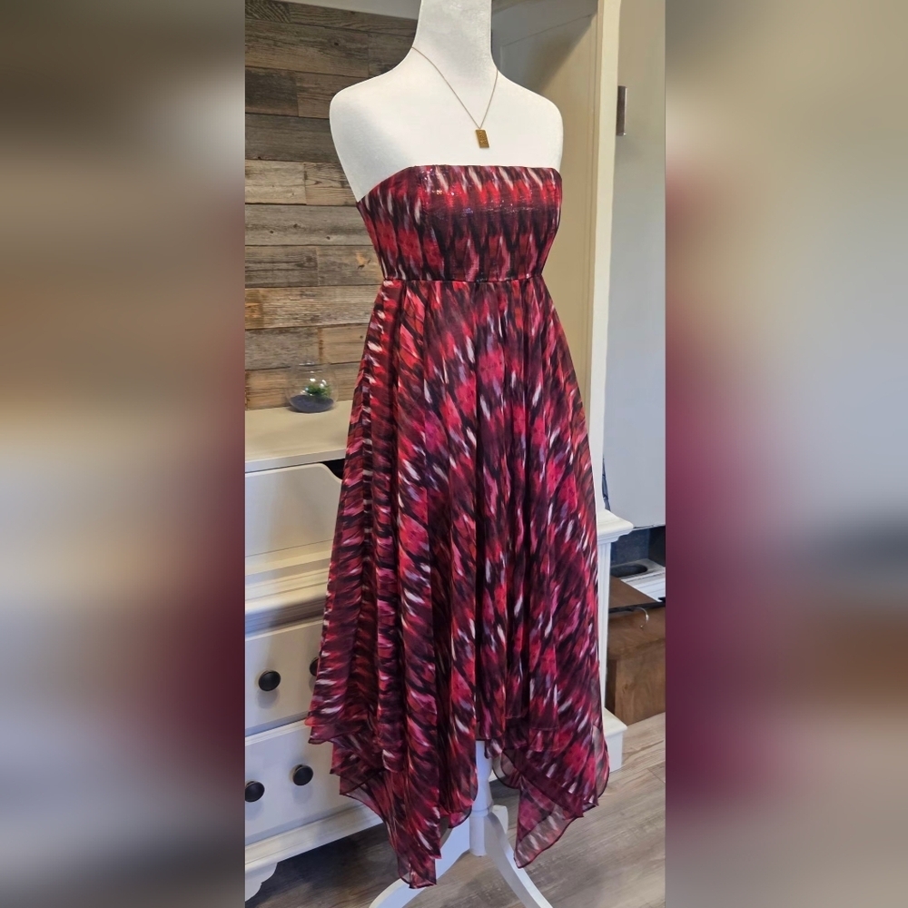 Misa Los Angeles Strapless Magenta & Red Printed Sheer Handkerchief Hem Dress